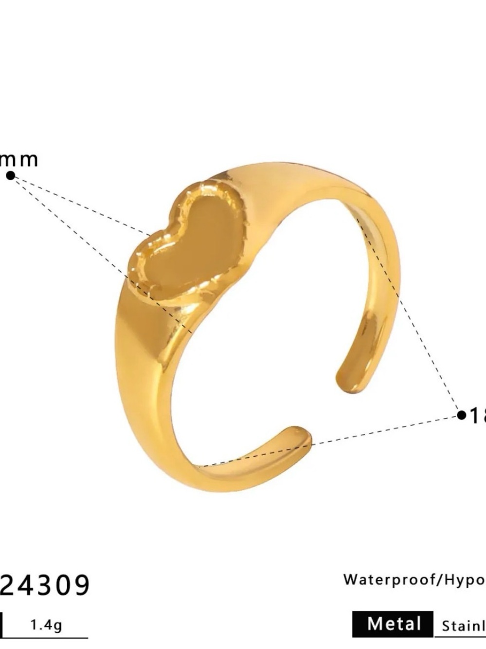 18k Gold plated Heart Adjustable Open Band Ring - Women Jewelry